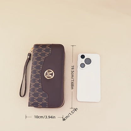 Women'S Elegant Patchwork Wallet & Wristlet Clutch - Large Capacity Double-Zip Coin Purse with Golden-Tone M-Logo, Golden-Tone Hardware & Wrist Strap