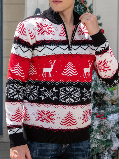Men's Winter Weight Slim-Fit Zippered Sweater Jacket - Black/White/Red/Green Reindeer & Snowflake Pattern Collar, Machine Washable Half-Zip Coat for Christmas Parties, Casual & Formal Events ( Collar)