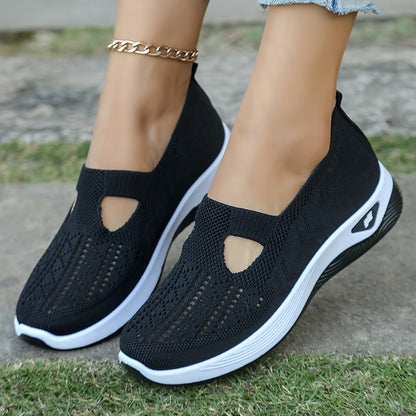 Women's Breathable Mesh Sneakers - Comfort Slip-On Walking Shoes, Soft PVC Sole, Fabric Insole & Lining, Stability Support for Spring/Summer Outdoor Casual Wear, Spring Summer Footwear|Cut-Out Patterns|Fabric Upper Shoes