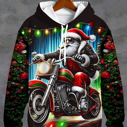 Plus Size Men'S Festive Santa Claus Motorcycle Hoodie - Long Sleeve, Casual Pullover with Drawstring and Kangaroo Pocket, Polyester, Machine Washable - Perfect for Autumn and Winter Street Style | Christmas Claus Motor Print