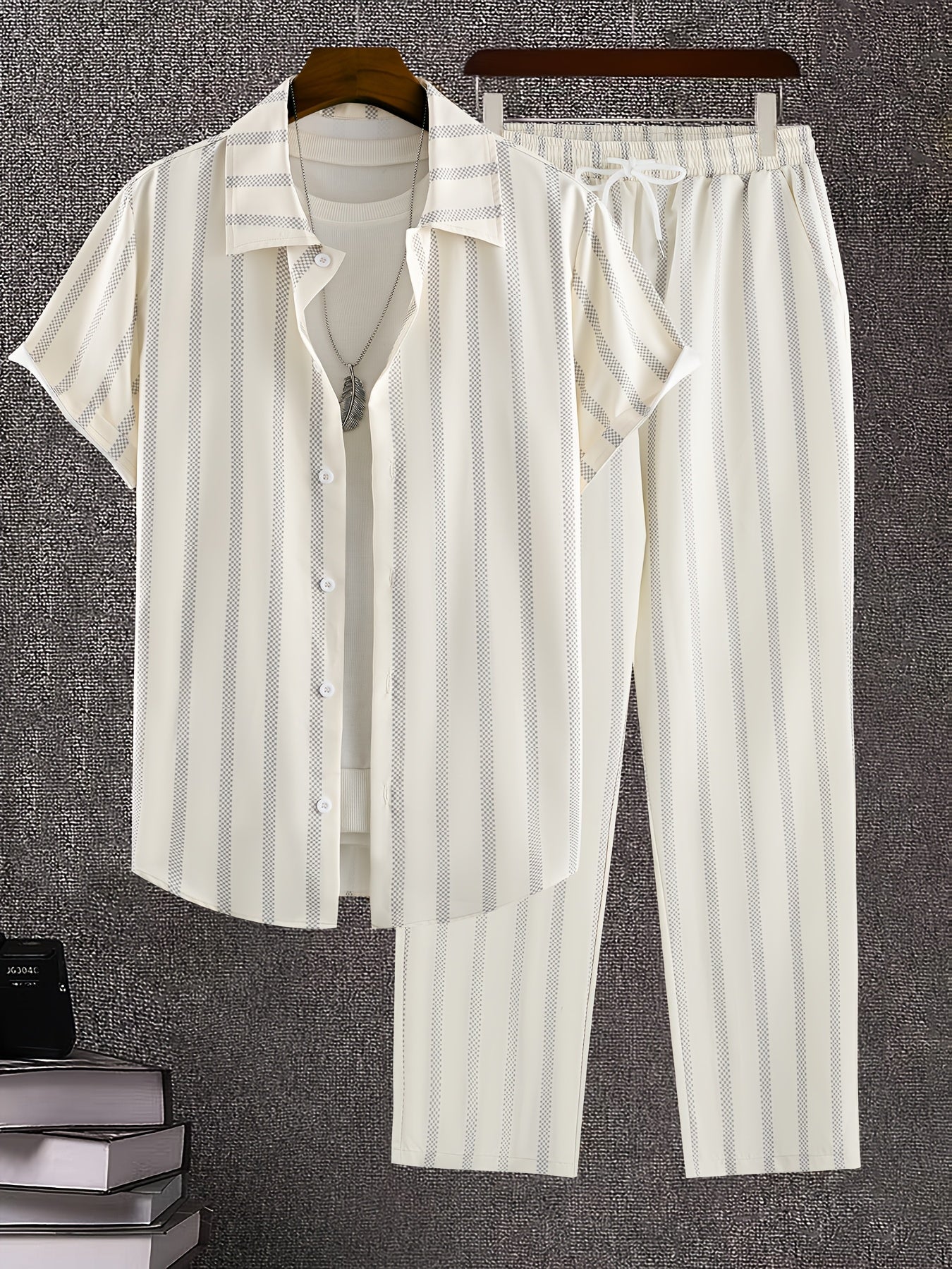 Men's Summer Vertical Stripe Suit Set with Lapel Shirt & Pants