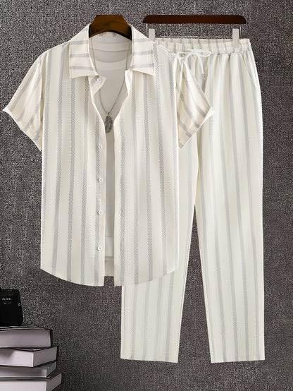 Men's Summer Vertical Stripe Suit Set with Lapel Shirt & Pants