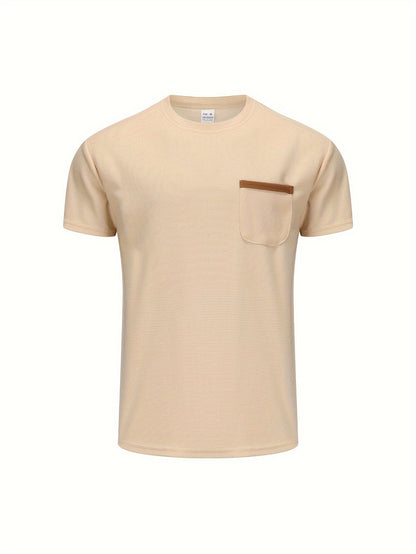 Men's Solid T-shirt With Chest Pocket, Casual Short Sleeve Crew Neck Tee, Men's Clothing For Summer Outdoor