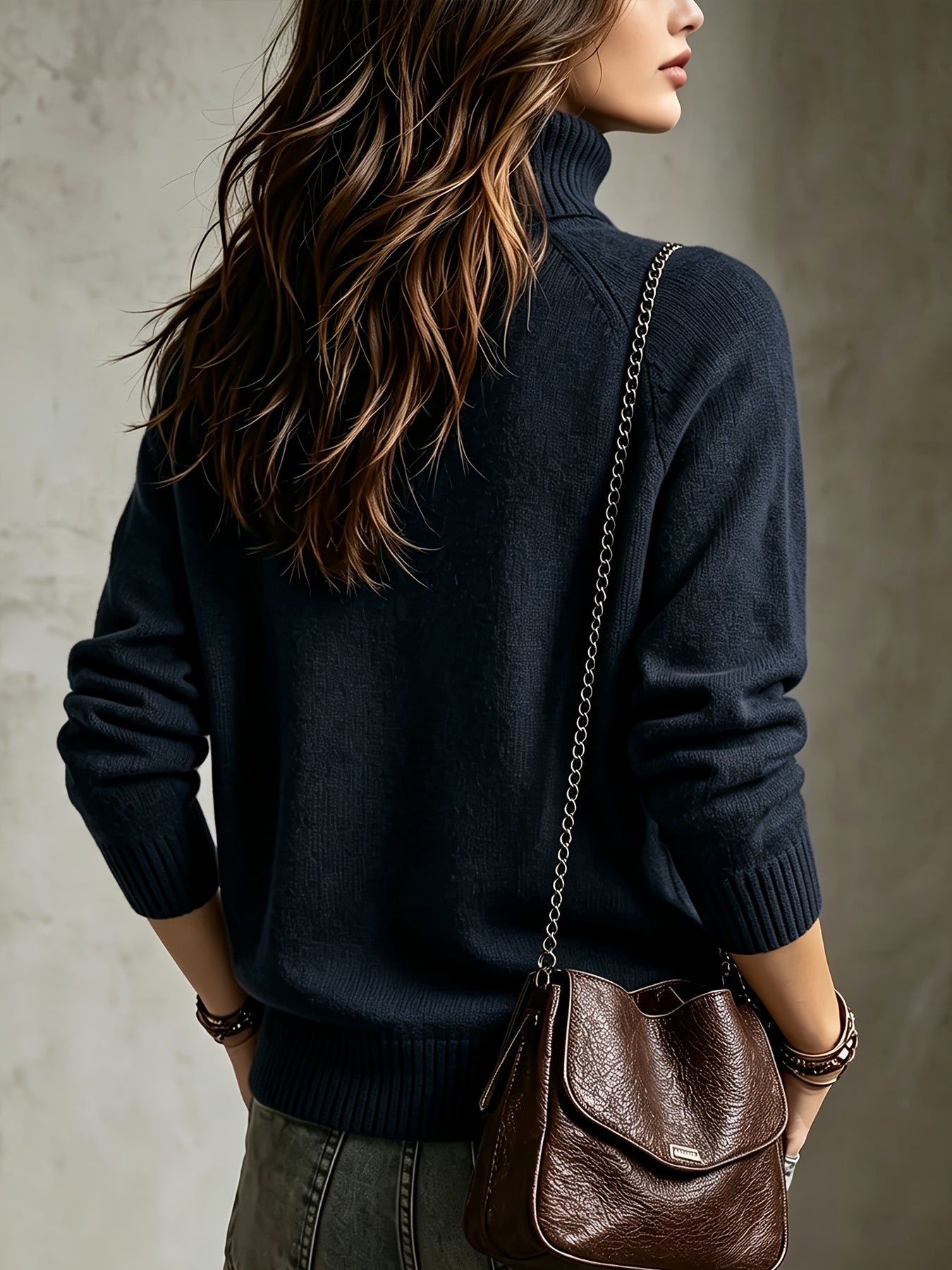 Women's Autumn Winter Wool Blend High-Neck Pullover Sweater