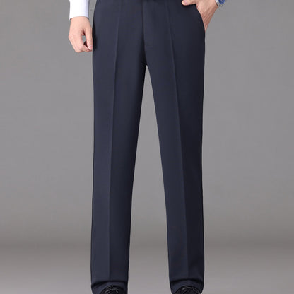 [Lightweight Design] Men's High-Waist Stretch Dress Pants - Wrinkle-Resistant, Dark Blue Business Casual with Pockets, Straight Leg Fit for Spring/Fall