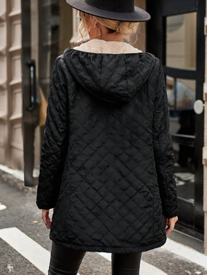 Women's Plus Size Quilted Hooded Jacket - Warm, Casual Long Coat with Faux Fur Trim, Zipper Closure, and Diamond Pattern Stitching - Ideal for Winter Outdoor Activities, Cold Weather Apparel|Hooded Coat|Soft Texture, Winter C