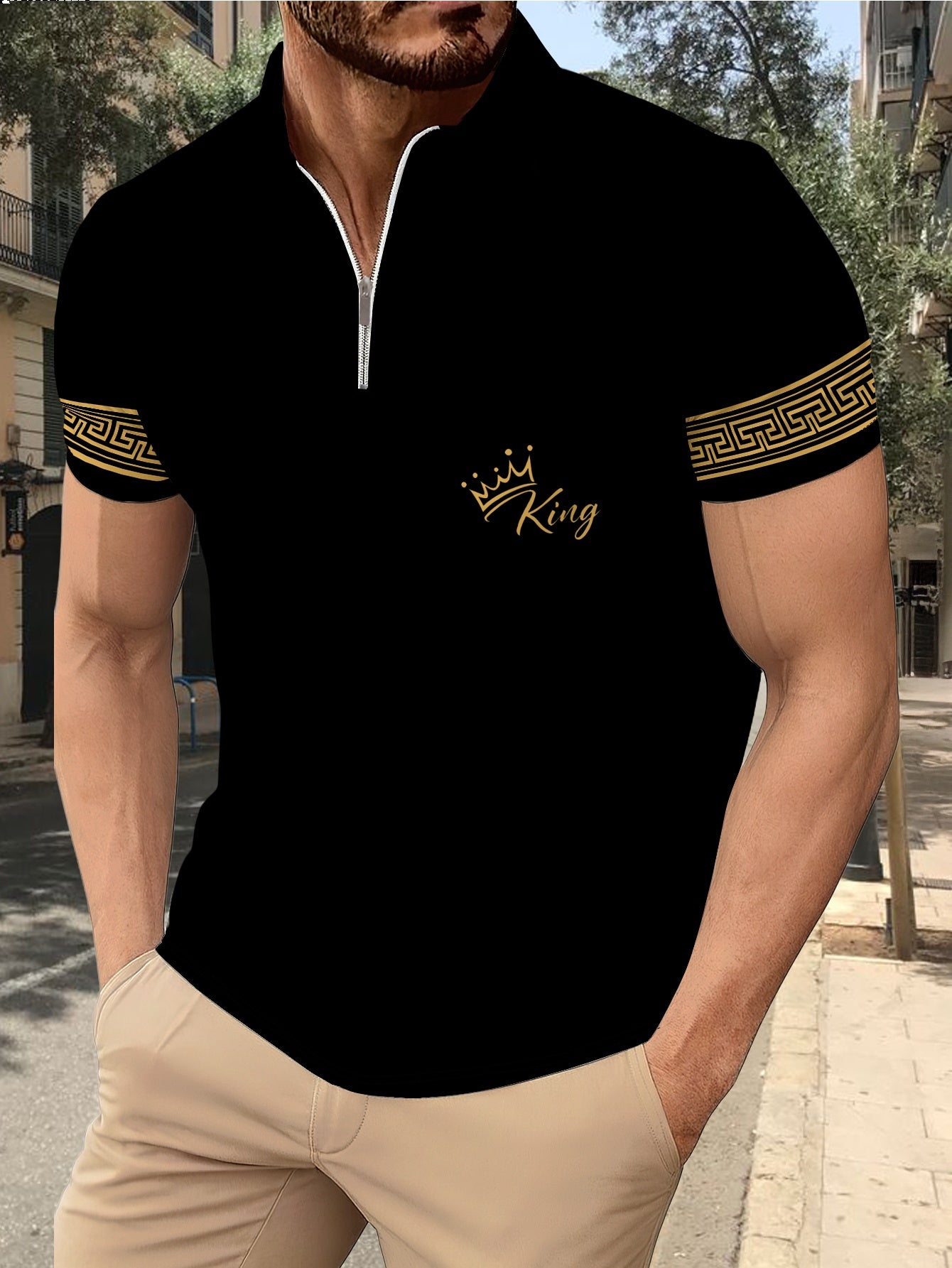 Men's Fashion Stand Collar Zip Short Sleeve Shirt Trendy Geometric Pattern Crown Letter Print Casual T-Shirt||, - ayq