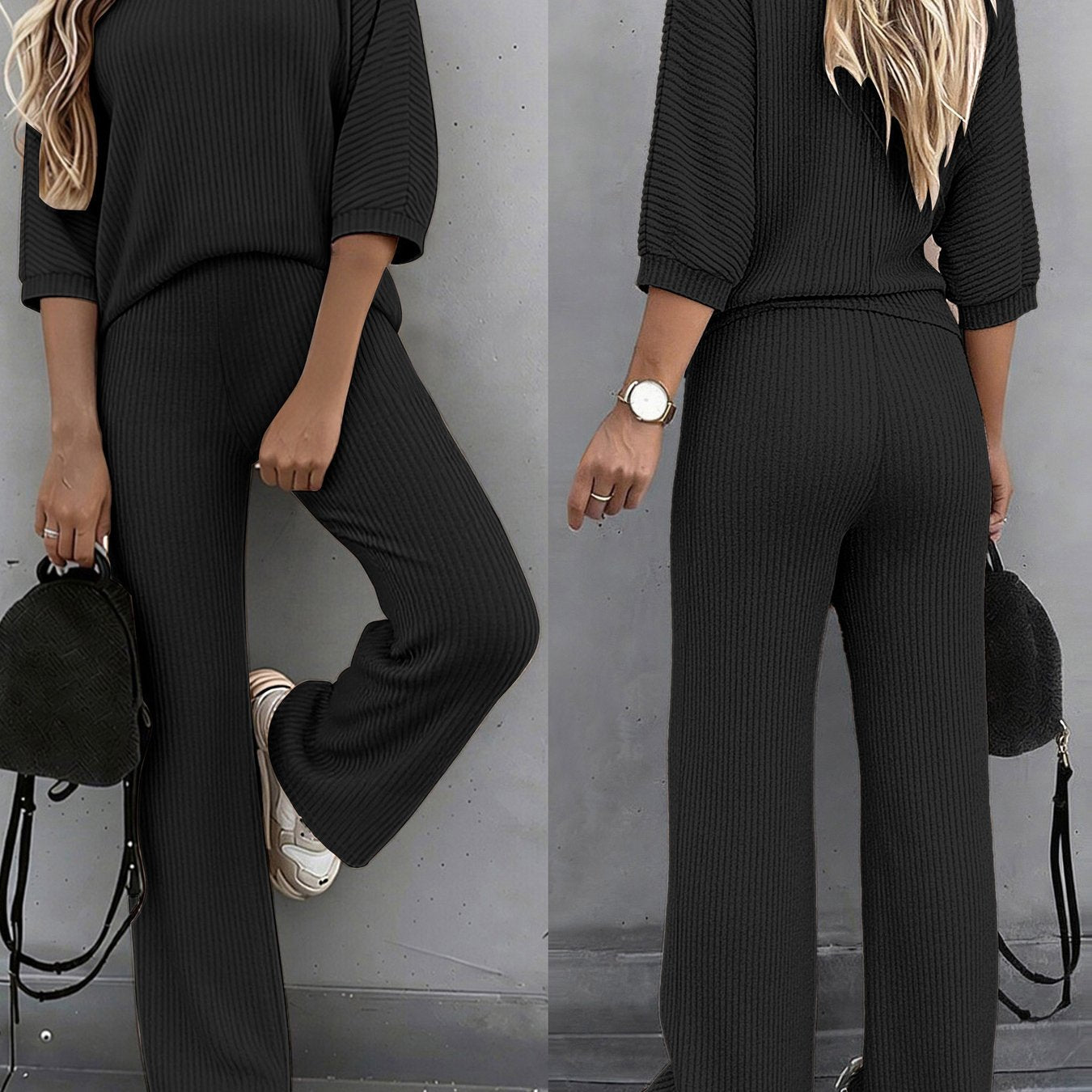 A Two-Piece Set Featuring a Solid Color Batwing Short-Sleeve T-Shirt with a Round Neck And Casual Wide-Leg Stretchy Pants - ayq