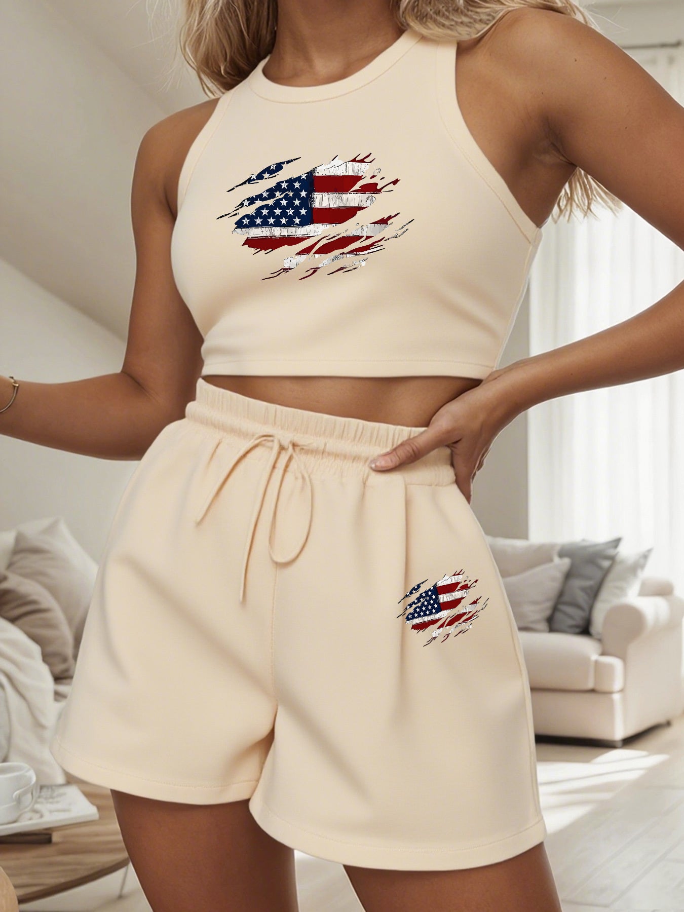 Women's Casual Two-Piece Set with English Print & Slanted Pockets