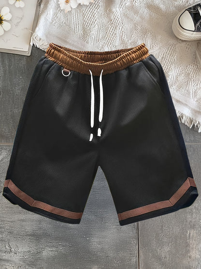 Men's Casual Color Block Polyester Summer Shorts with Drawstring