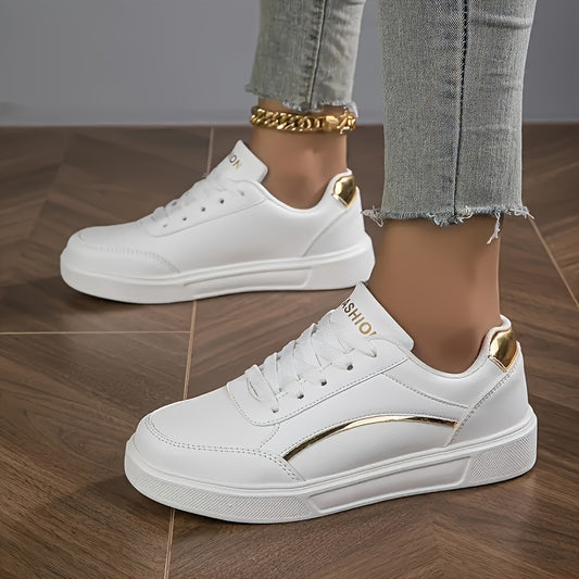 Women'S Fashion Sneakers, Low Top Lace-Up Sports Shoes, Solid Color with Glitter Embellishment, Lightweight All-Season Casual White Trainers, Durable EVA Sole, Fabric Inner & Insole, Microfiber Upper - Positioning Printing
