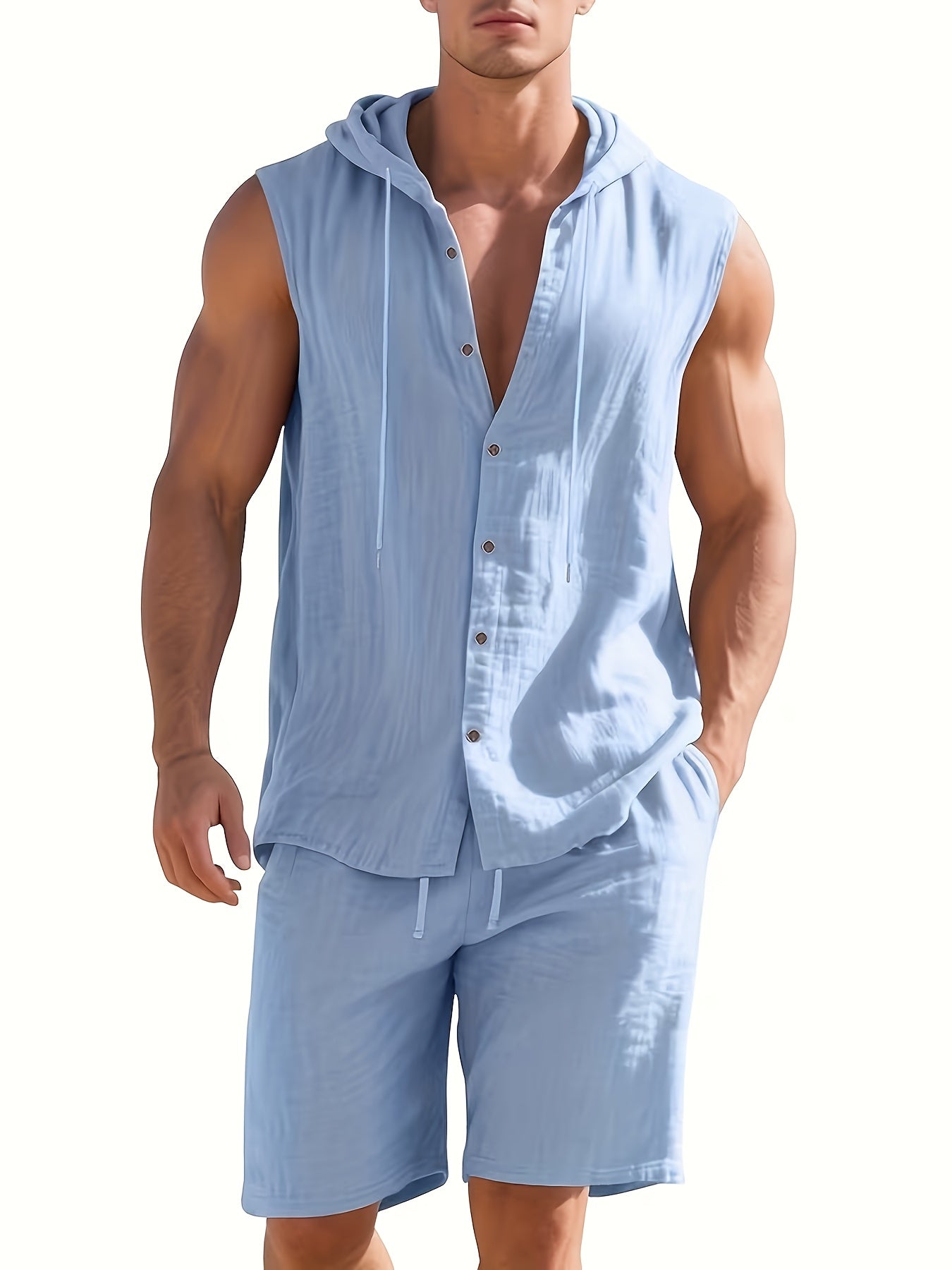 Men's Summer Linen Hooded Sleeveless Shirt & Shorts Set