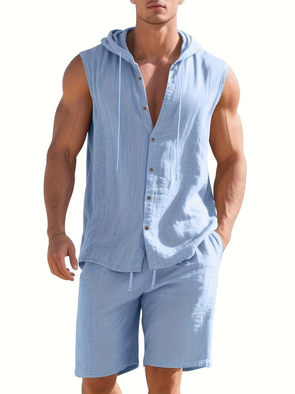 Men's Summer Linen Hooded Sleeveless Shirt & Shorts Set