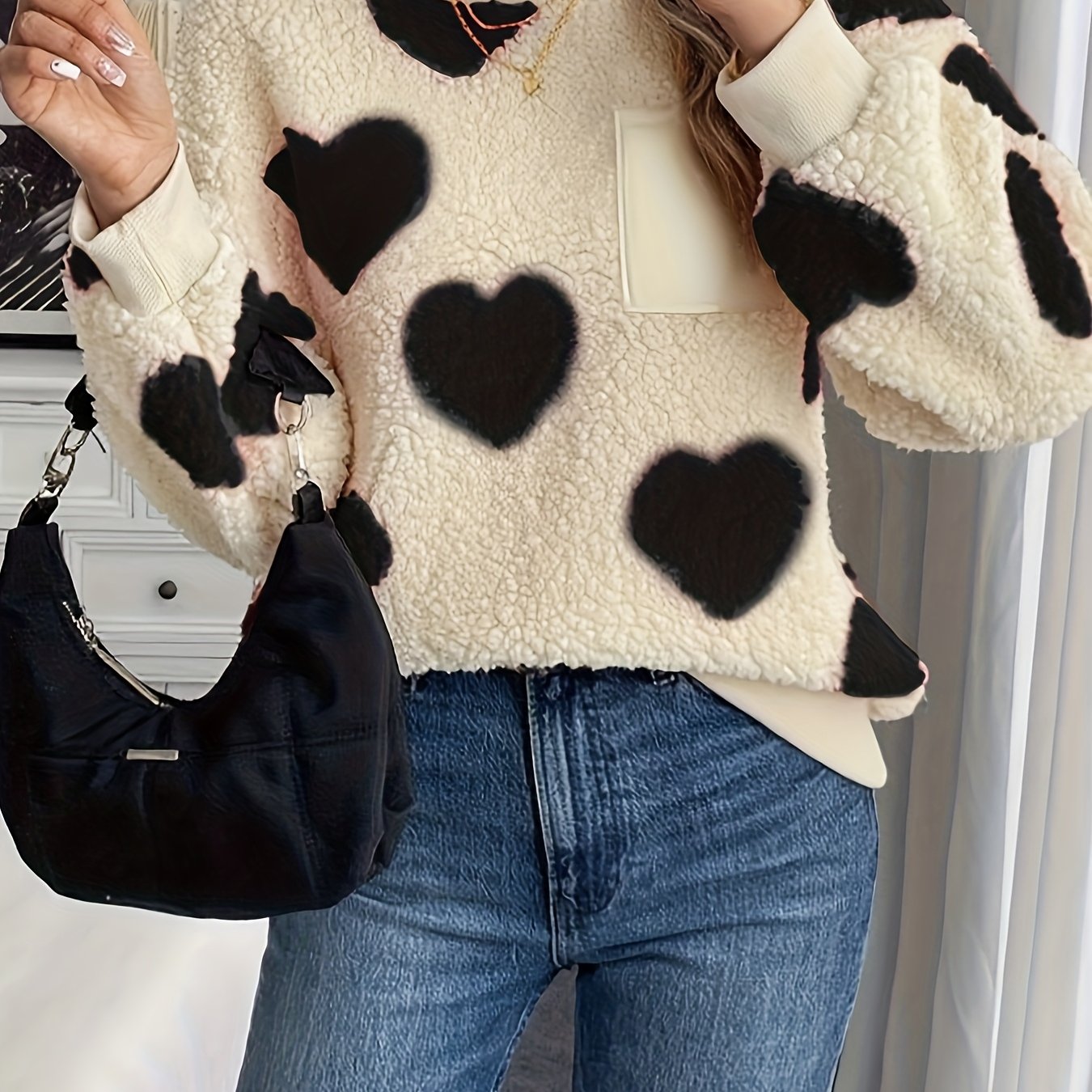 Women'S Plush Heart Sweater - Soft & Heart Pattern Sweater with Heart Cutouts, Cozy Winter Sweater for Fall & Winter