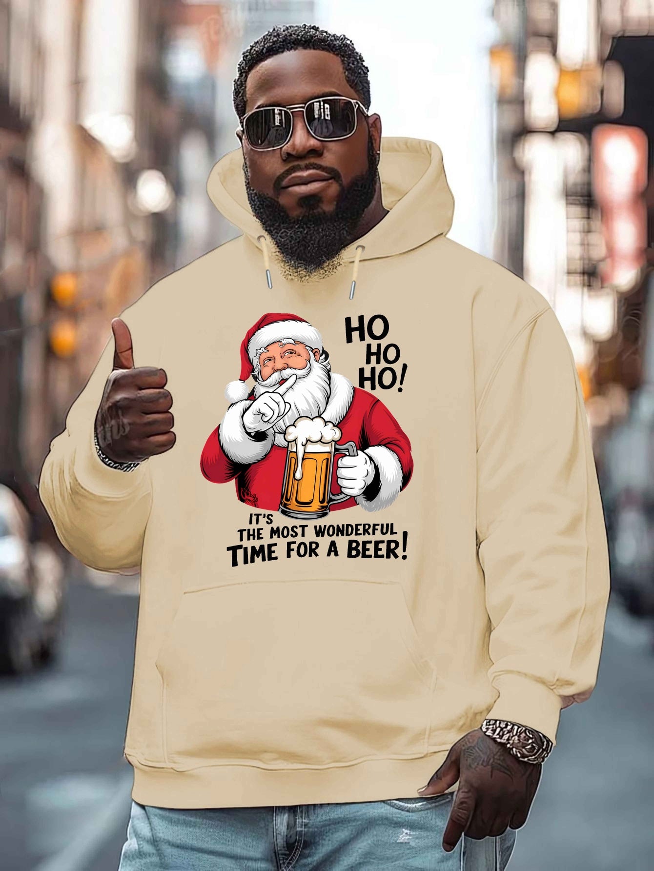 Men'S Red Hoodie with Santa Claus & Beer Mug Graphic - "Ho Ho Ho! It'S the Most Wonderful Time for a Beer!" - Cozy Plush Pullover for Fall & Winter, Casual Holiday Wear, Christmas Clothes, Plus Size