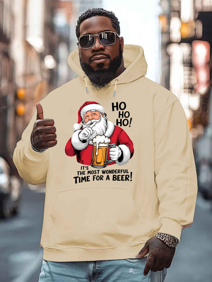 Men'S Red Hoodie with Santa Claus & Beer Mug Graphic - "Ho Ho Ho! It'S the Most Wonderful Time for a Beer!" - Cozy Plush Pullover for Fall & Winter, Casual Holiday Wear, Christmas Clothes, Plus Size