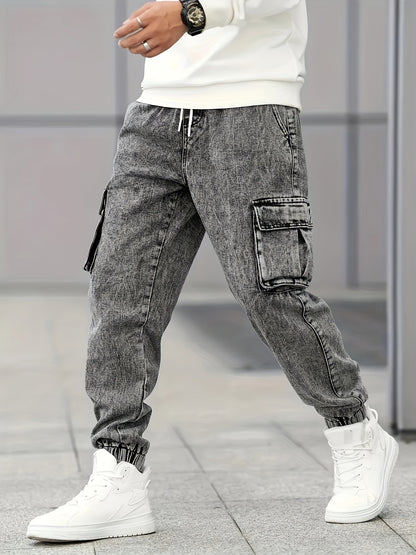 Men's Slim Fit Cargo Jeans - Stylish Gray Denim with Multiple Pockets, Durable Cotton/Polyester Blend, All-Season Wear