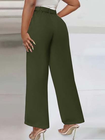 Women'S High-Waist Button-Detail Casual Straight Leg Pants, Solid Color, Polyester, with Belt, for All-Season Woven Trousers