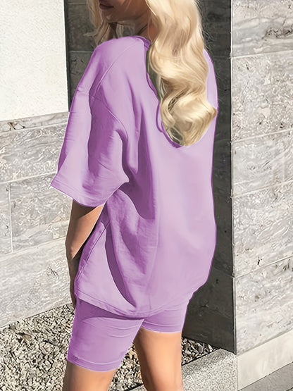Women's Chic Lavender Letter Print Casual T-Shirt & Shorts Set - Comfy Polyester, Mid-Stretch Fabric, Round Neck, Machine Washable - Perfect for Spring/Summer
