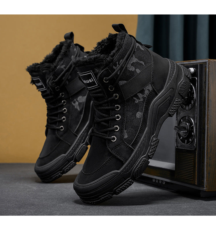 Men's High-Top Winter Boots with -Like Collar & - Heavy-Duty PU Upper, PVC Sole, Beige/Tan Lace-Up Snow Boots for Ice, Slush,, Outdoor (Warm Cold Weather Footwear)