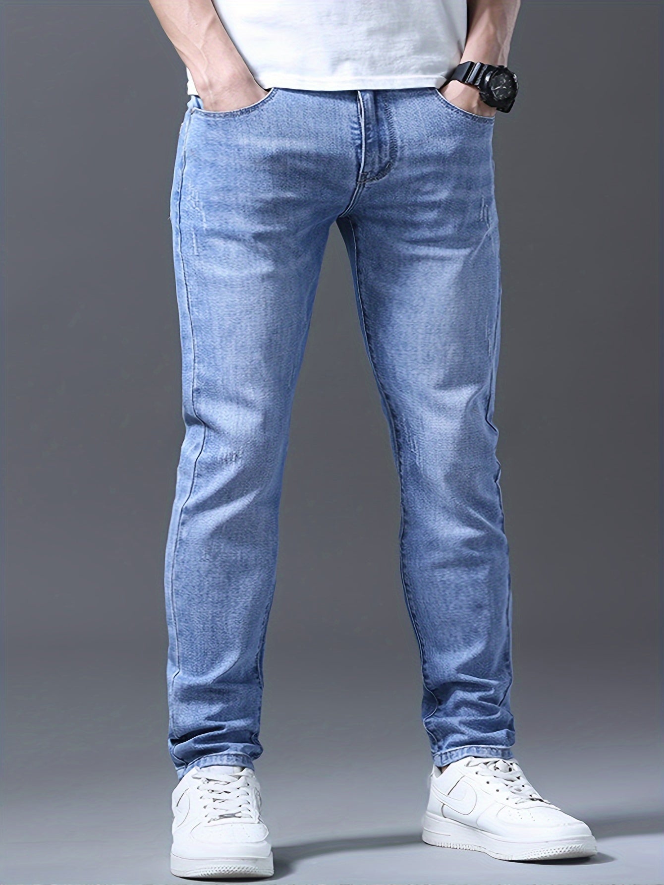 Men's Slim Fit Jeans, 62% Cotton 35% Polyester 3% Spandex Blend, Solid Color Washed Denim, All-Season Regular Length Pants