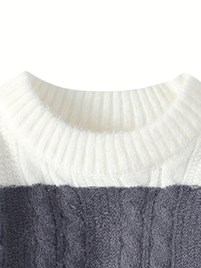 Նոր աշնանային և ձմեռային կլոր վզնոցով նորաձև գծավոր, գունավոր բլոկներով տրիկոտաժե սվիտեր միջին տարիքի տղամարդկանց համար, տաք և հարմարավետ