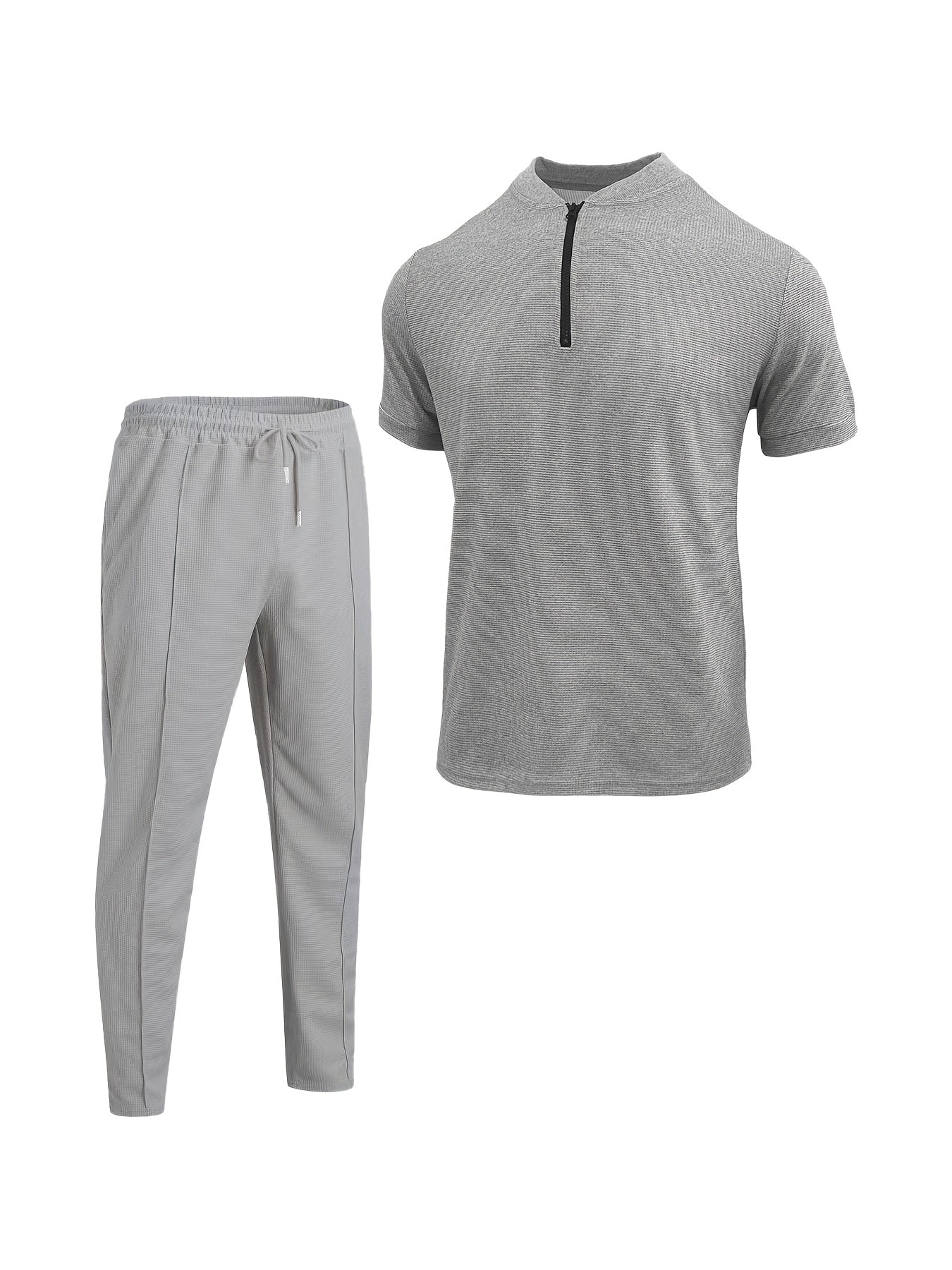 Men's Waffle Knit Zipper Shirt, Rib Collar Short Sleeve T-Shirt, Casual Breathable Summer Top - ayq