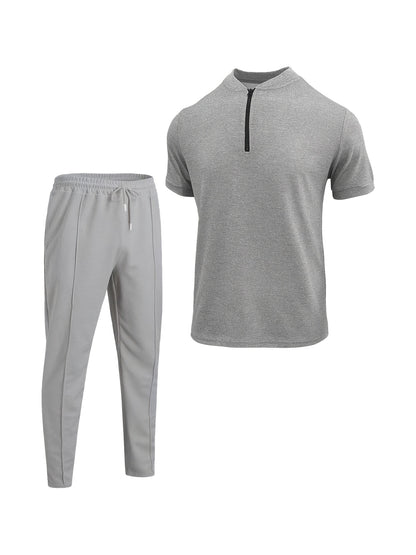 Men's Waffle Knit Zipper Shirt, Rib Collar Short Sleeve T-Shirt, Casual Breathable Summer Top - ayq