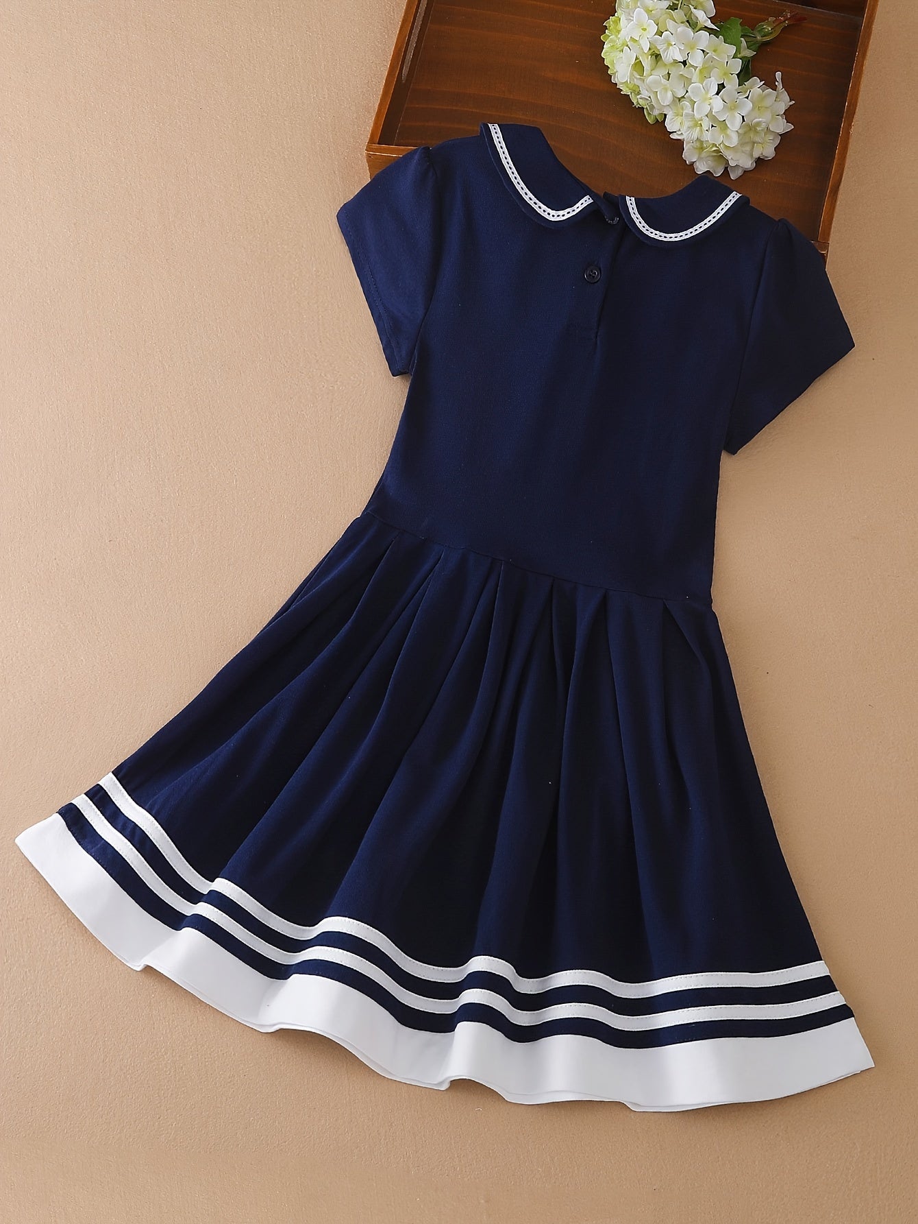 Girls' Summer Preppy Bow Dress with Sailor Collar and Pleated Skirt