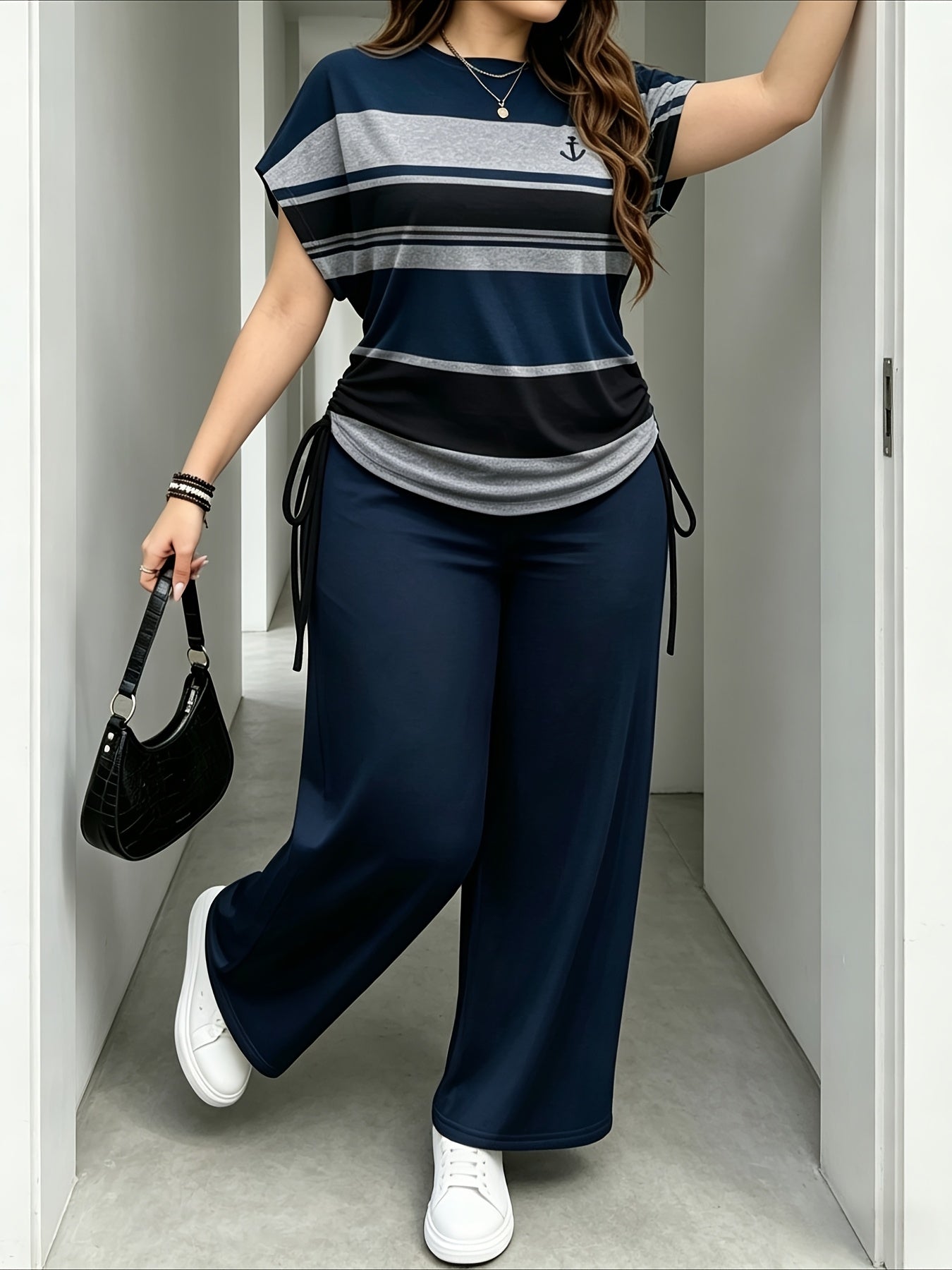 Women's Casual Two-Piece Set with Striped Bow Drawstring