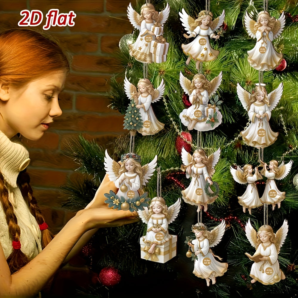 2D Flat - 12/24/36pcs Elegant Wooden Angel Ornaments | Tranquil White Angel Hanging Decorations for Christmas Tree, Garden, Home Decor, Suitable for Christmas, New Year, and Easter