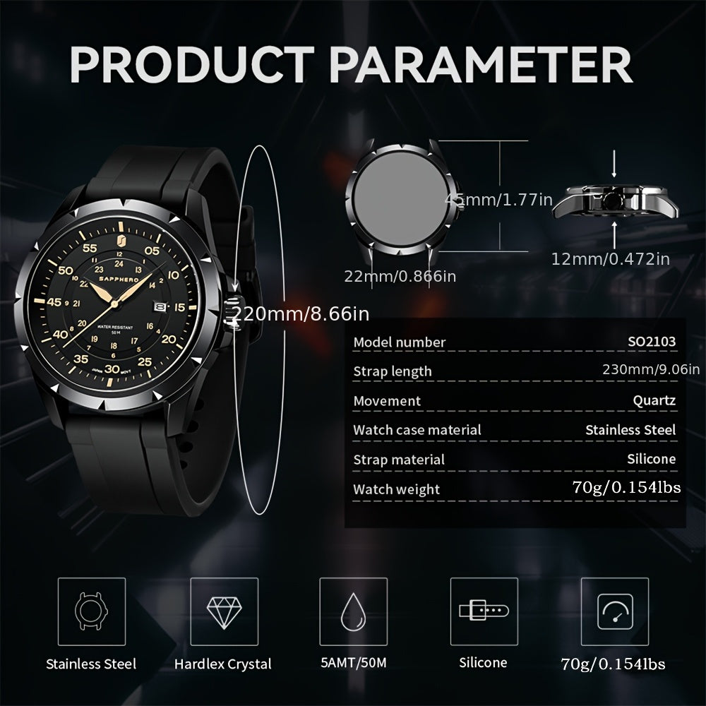 SAPPHERO Men's Luxury Watch - Stainless Steel Case & Band, 50m Waterproof, Analog Display with Date Window, Everyday & Formal Watch for Swimming, Business, Gifts - Affordable Luxury Wristwatch, Business Wristwatch, Sporty Ele