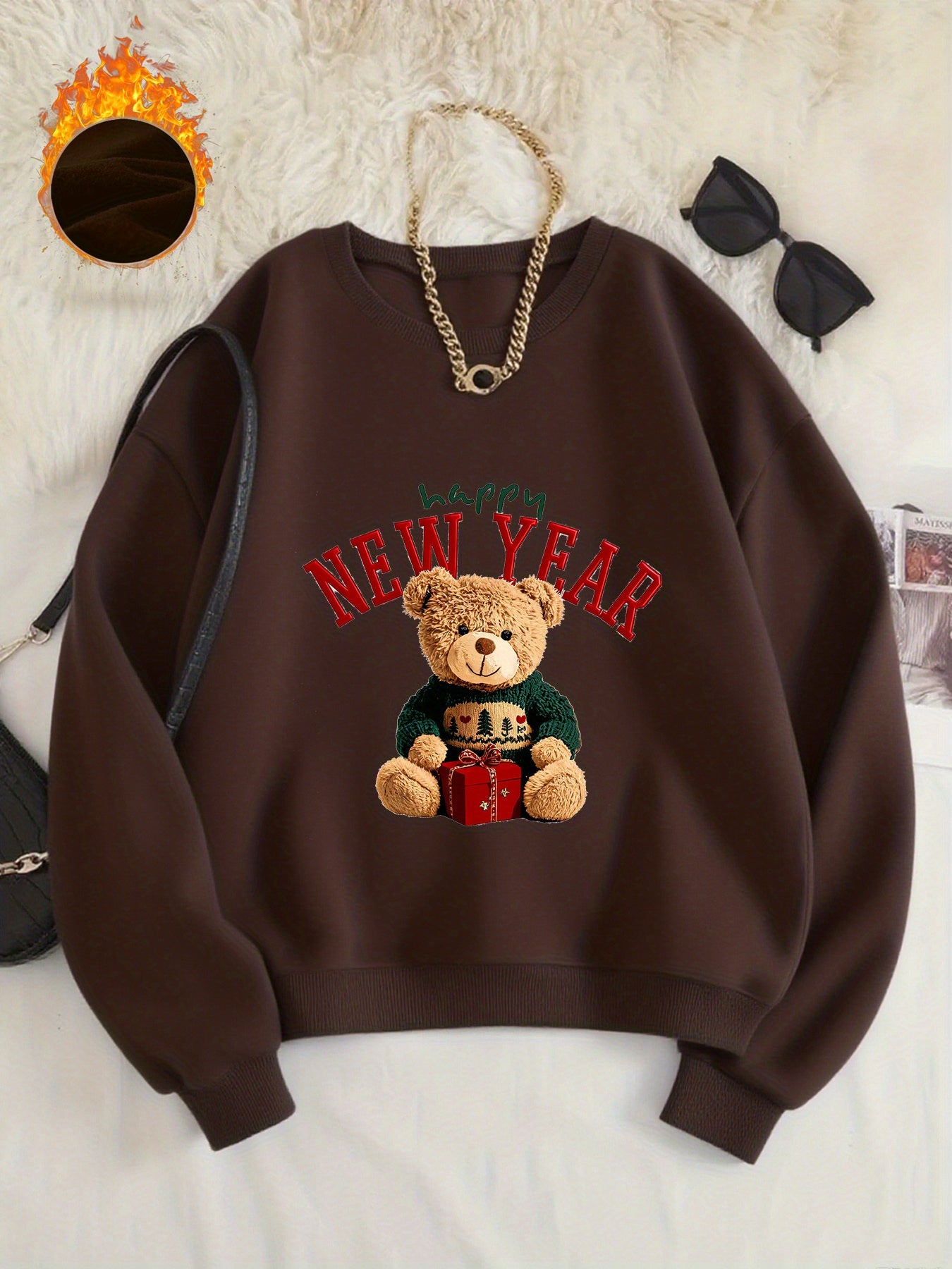 -Lined Women's Crewneck Pullover, Casual Printed Versatile Sweatshirt, Multiple Colors Available