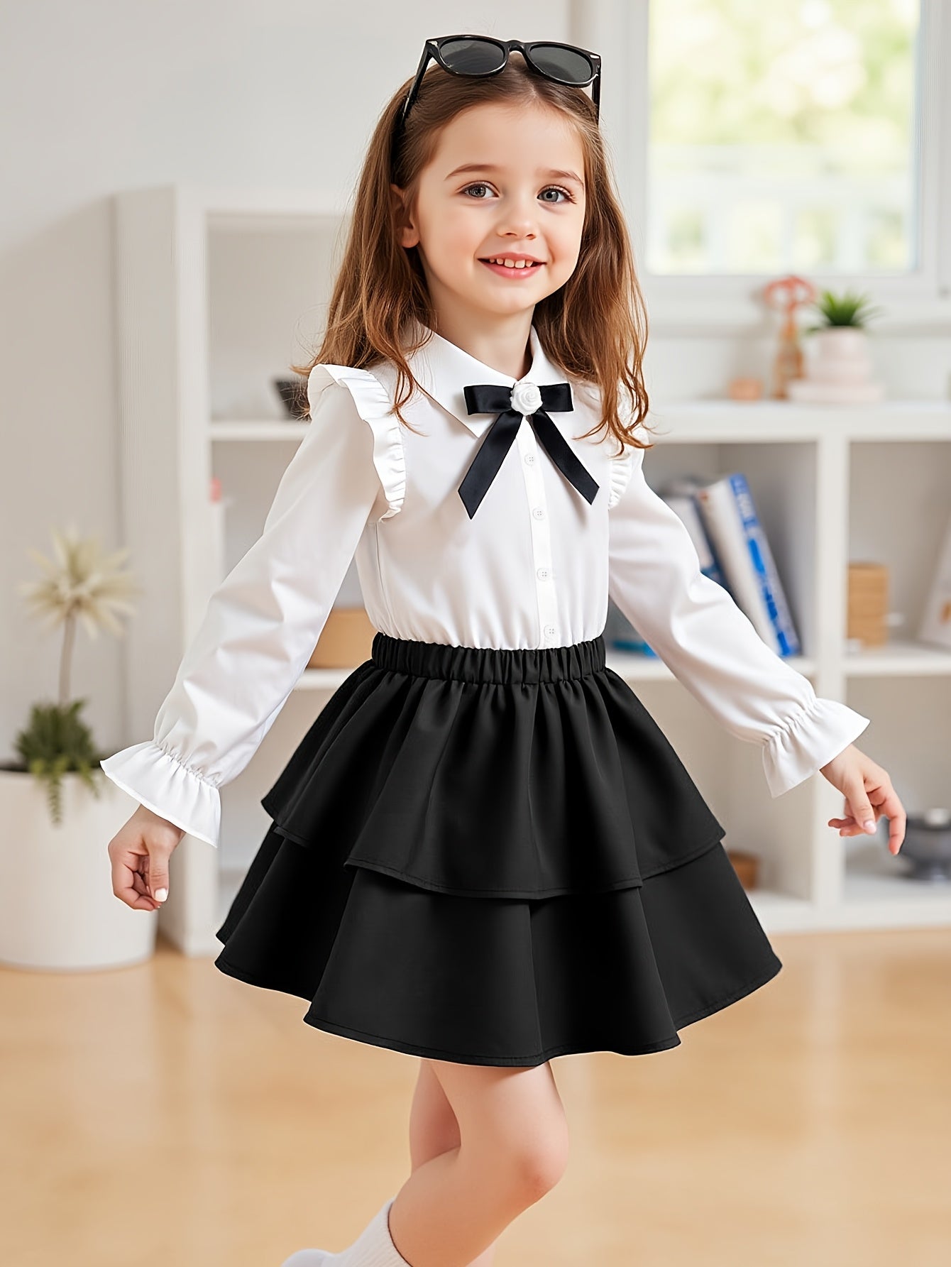 Girls' White Ruffle Sleeve Top & Black Layered Midi Skirt