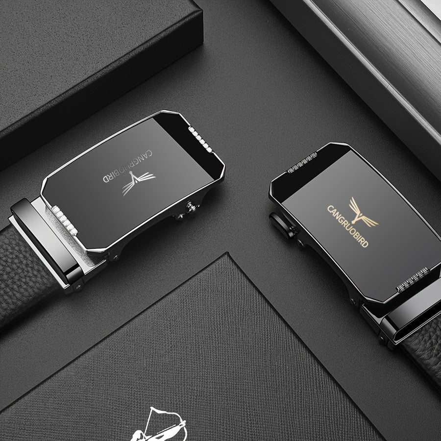 1pc Men'S Adjustable Automatic Buckle Belt - Sleek Black Faux Leather, Alloy Buckle, Stylish for Business & Casual Attire