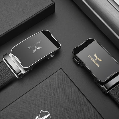1pc Men'S Adjustable Automatic Buckle Belt - Sleek Black Faux Leather, Alloy Buckle, Stylish for Business & Casual Attire
