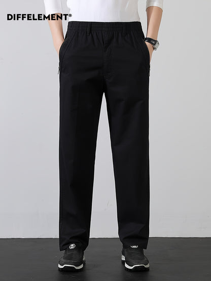 Men's Cotton Casual Trousers with Elastic Waist and Zipper Pockets