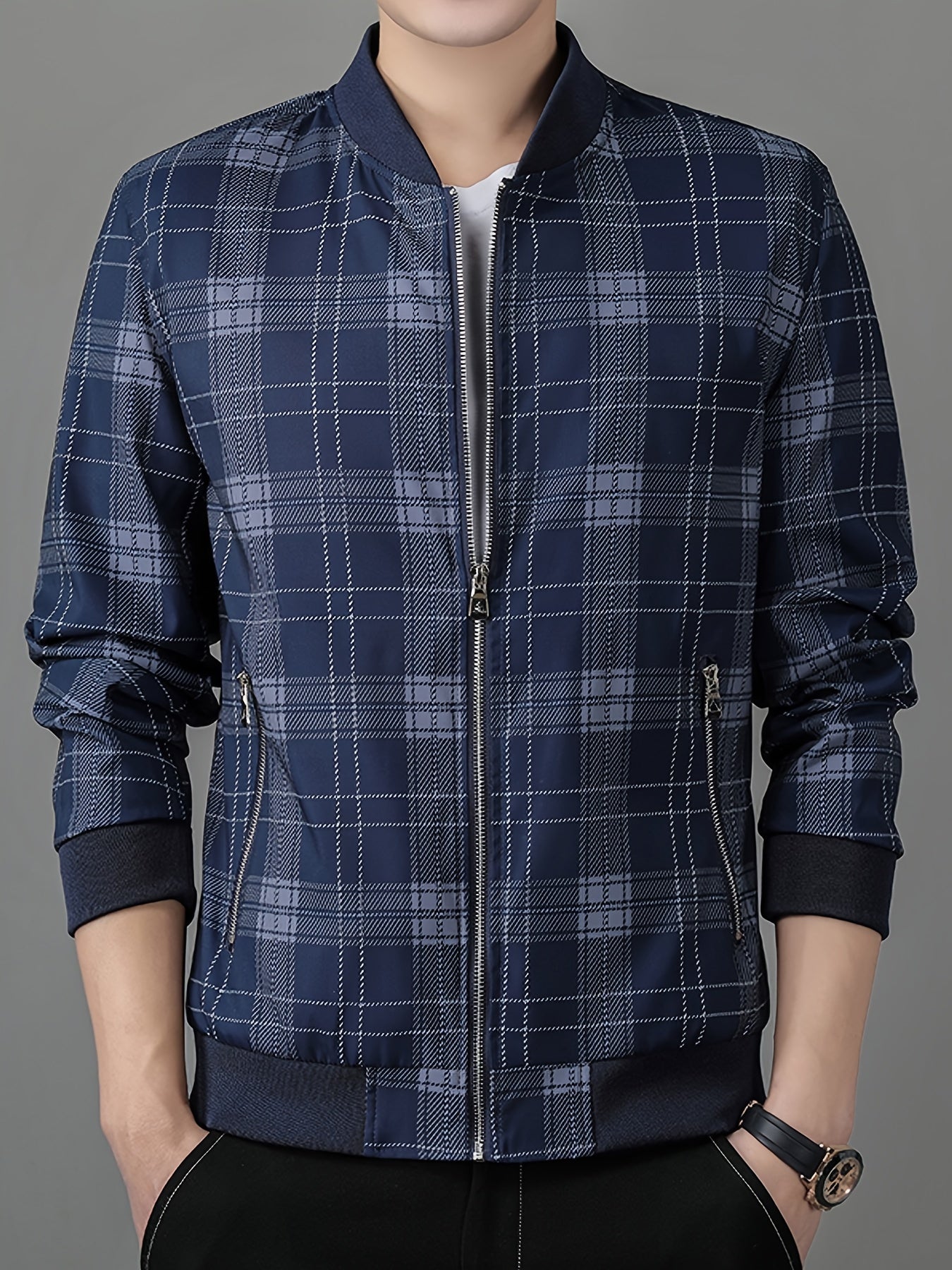 Men's Lightweight Baseball Jacket - Navy Blue & Black Plaid Zip-Up Coat, Non-Stretch Fabric for Formal & Casual Outfits - Spring/Fall Outerwear Jacket, Outdoor Wear, Classic Collar, Quality Stitching, Stylish Coat, Fashioncon