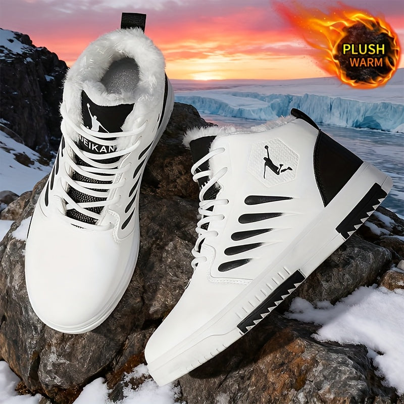 Men'S Winter Warm Thermal Insulated Sneakers - Heavy-Duty Cold Weather Shoes with Thick PVC Sole, Lace-Up Closure, All-Season Outdoor Hiking, Skateboarding, Basketball - Mid-top Design For Enhanced Stability & Warmth - Ideal