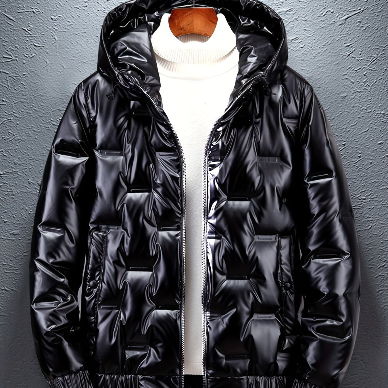 Men'S Winter Coat - Glossy Black Cold Weather Jacket, Non-Stretch Outer Shell, Zippered Pockets & Hooded Design for Formal & Everyday Use - Insulated Outerwear for Everyday & Special Occasions, Winter Jacket, Sleek Appearance