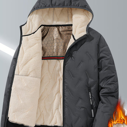 Men's Casual Winter Jacket - Thick Fleece-Lined, Windproof Hooded Coat with Embossed Design, Zip-Up, Solid Color