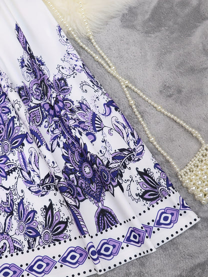 Holiday Cheer] Women's Bohemian Floral Print Half-Sleeve Midi Dress with Belt - V-Neck, Lightweight Polyester, Perfect for Summer Vacations, Casual Summer Wear|Print Casual Dress|Lightweight Dress, Holiday Dress
