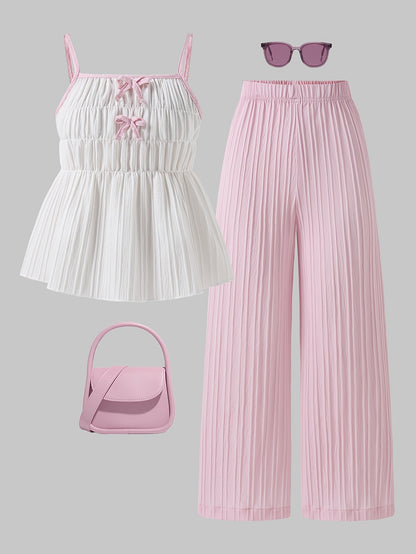 Girls' Casual Bow Tie Camisole & Solid Pants Set for Spring-Summer