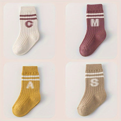 4 Pairs of N-Letter Knitted Pattern Socks, Thin Socks for Spring and Summer, Cotton Blend Comfortable Breathable Soft Mid-Calf Socks, Breathable Mid-Calf Socks