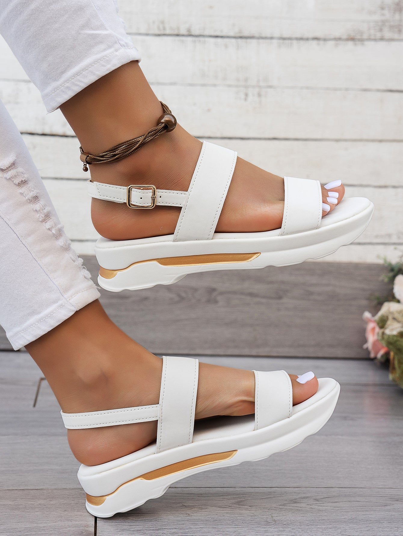 Mhysa Women's Comfortable Open-Toe Platform Sandals with Thick Sole & Golden Buckle Strap - Summer Casual White PU Cover Ankle Strap Sandals for Casual Attire, Ladies Sandals
