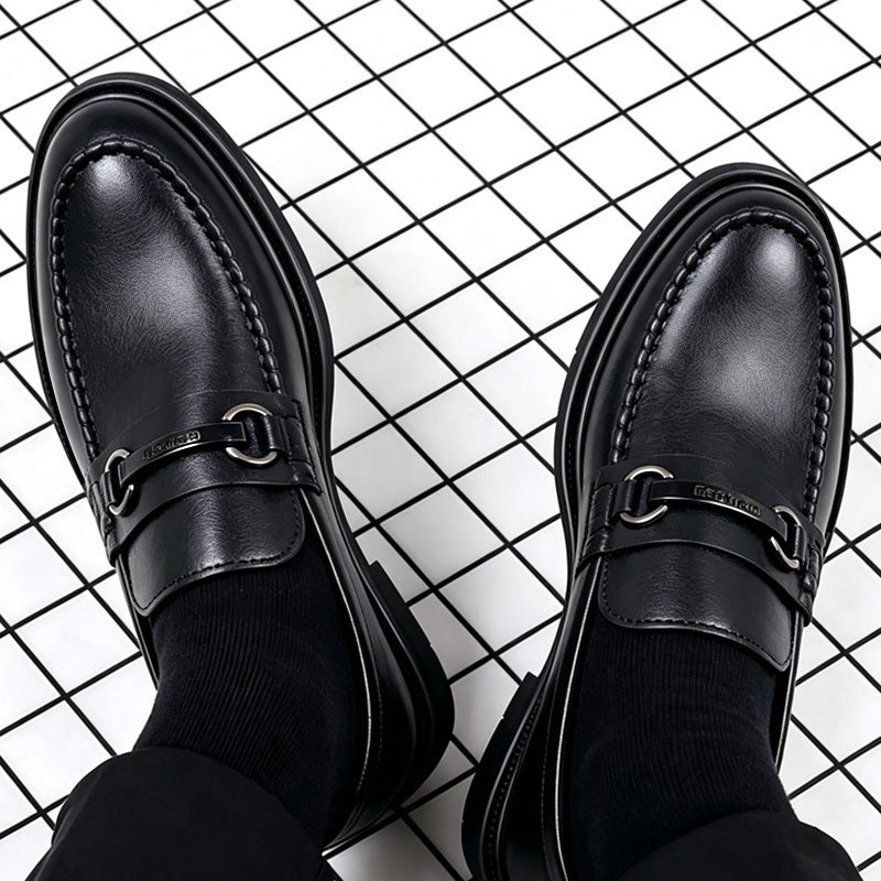 Men's Black Slip-On Business Casual Shoes with Metal Buckle