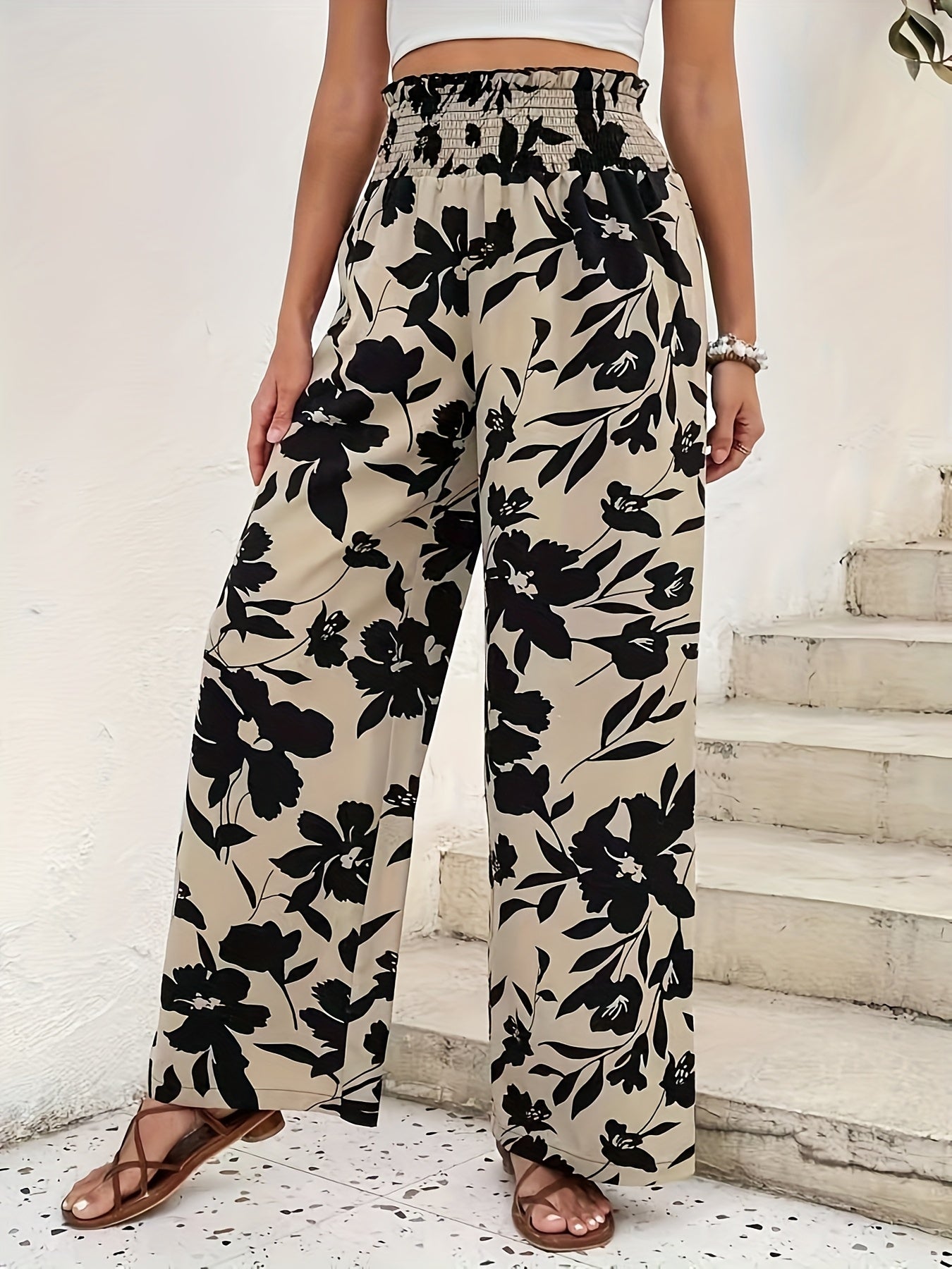 Women's Floral Wide-Leg Pants - High-Rise, Loose Fit, Lightweight