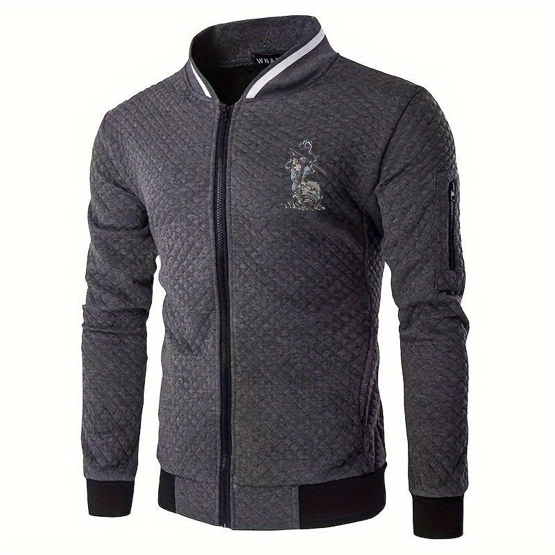 Men's Casual Stand Collar Jacket - 100% Polyester Knit Fabric with Slight Stretch, Solid Color Zippered Spring/Fall Outerwear with Cartoon Embroidery