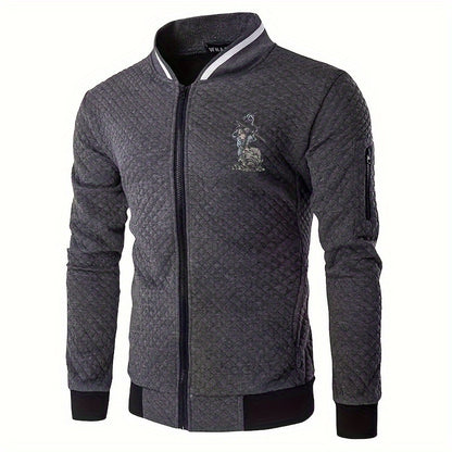 Men's Casual Stand Collar Jacket - 100% Polyester Knit Fabric with Slight Stretch, Solid Color Zippered Spring/Fall Outerwear with Cartoon Embroidery