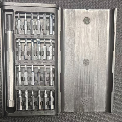 25-In-1 Precision Screwdriver Set for Mobile Phone And Tablet Repairs, Includes Drill Bits, Tweezers, And Pry Tools, Comes with a Portable Storage Case, Essential for Electronic Device Maintenance.